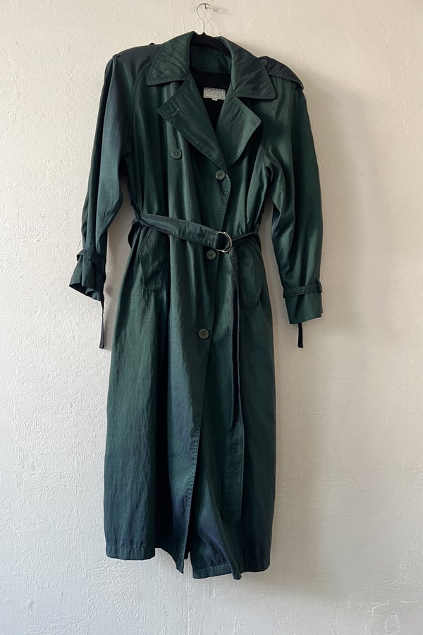 90s Iridescent Green Belted Trench Coat | Nuuly Thrift