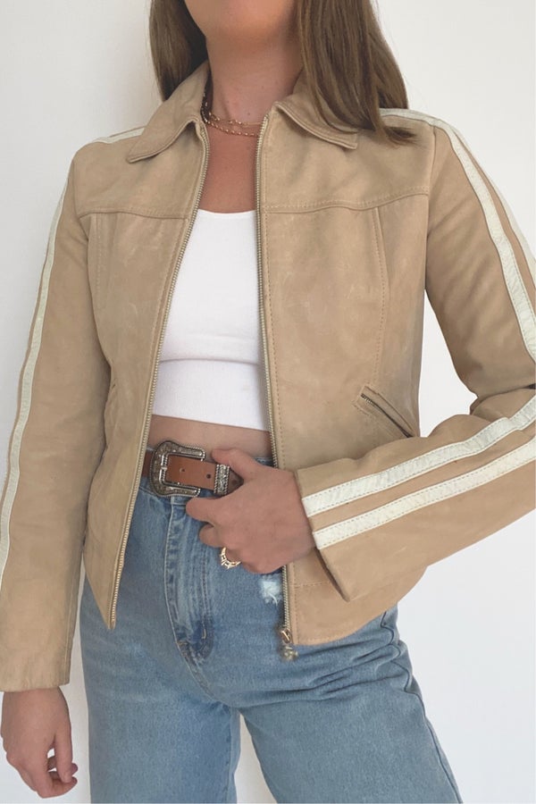 Vintage Tan Leather Jacket With White Two Stripe S Nuuly Thrift 