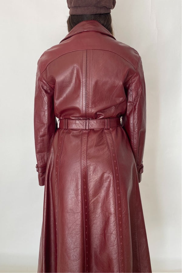 Vintage Wine Red Leather Trench Coat