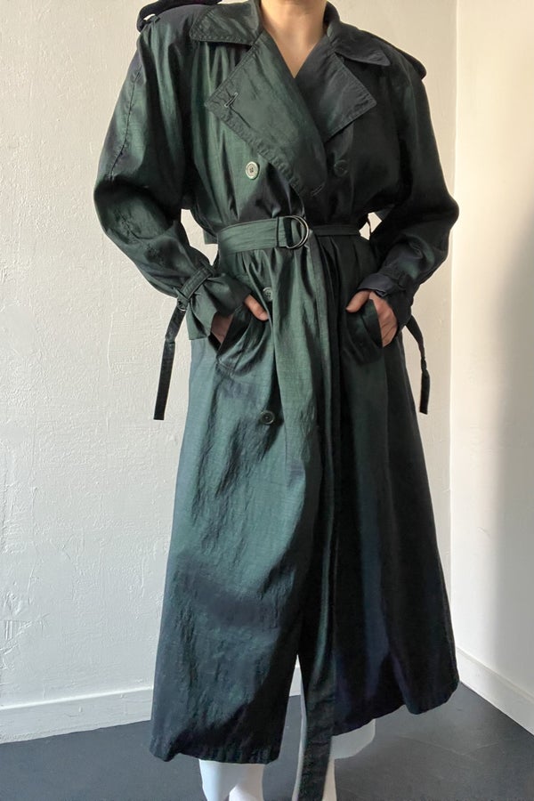 90s Iridescent Green Belted Trench Coat | Nuuly Thrift