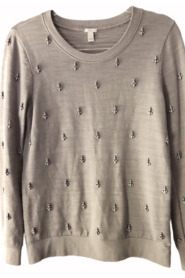 oversized gray v neck tee, long silver beaded necklace, J. Crew