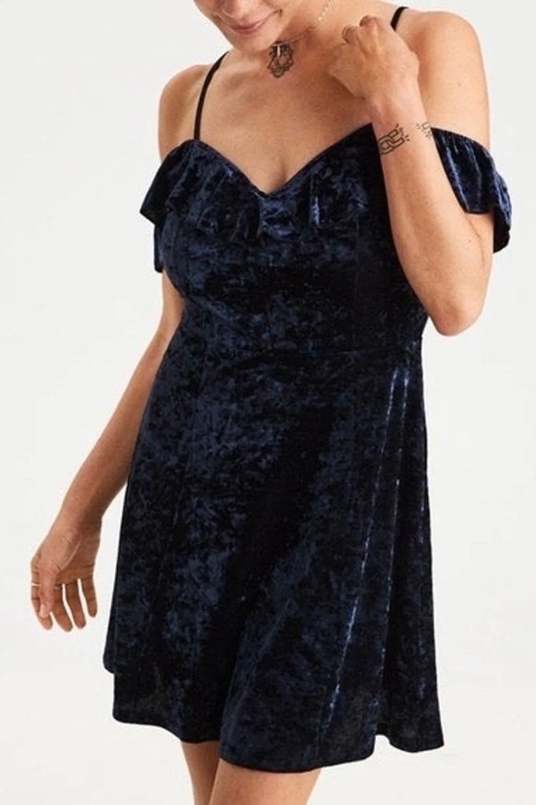 AMERICAN EAGLE Blue Crushed Velvet Babydoll Dress