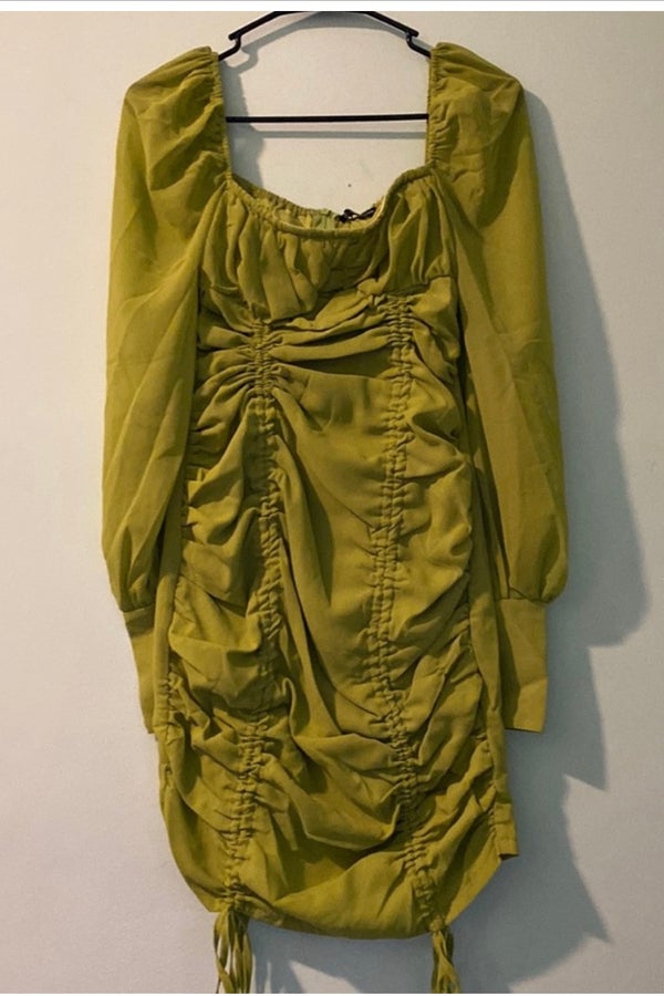 Olive chiffon long sleeve ruched skirt 