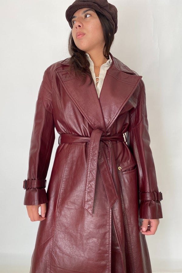 Vintage Wine Red Leather Trench Coat