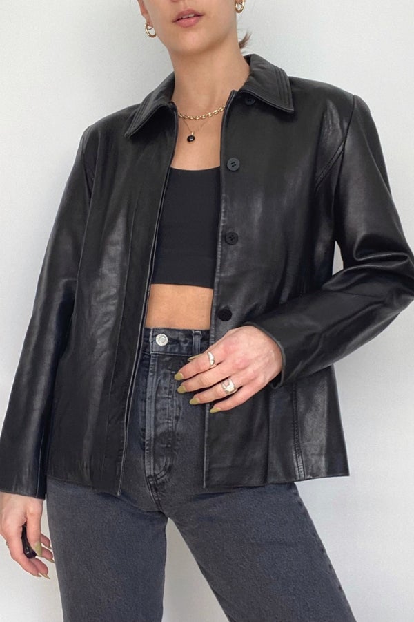 90s Vintage Leather Shirt Jacket Black | Nuuly Thrift