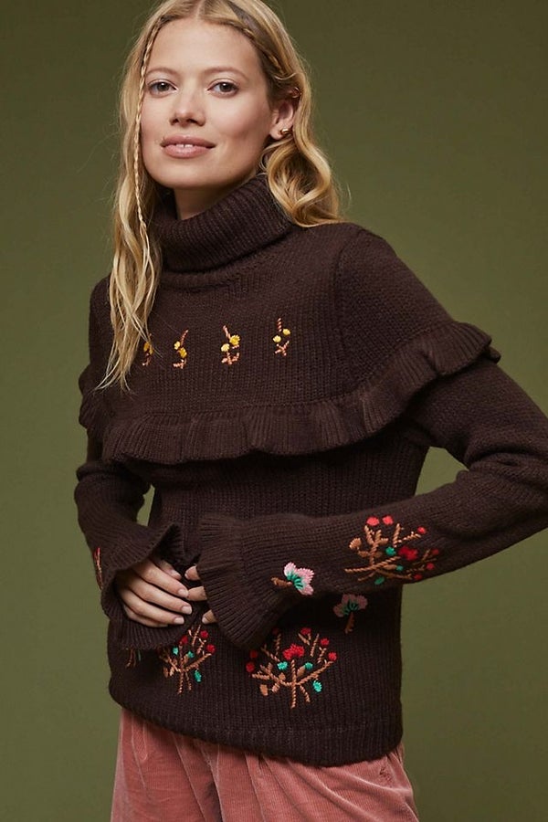 Wholesale Women's Knitwear Sweater Stone Embroidered Brown - 16799