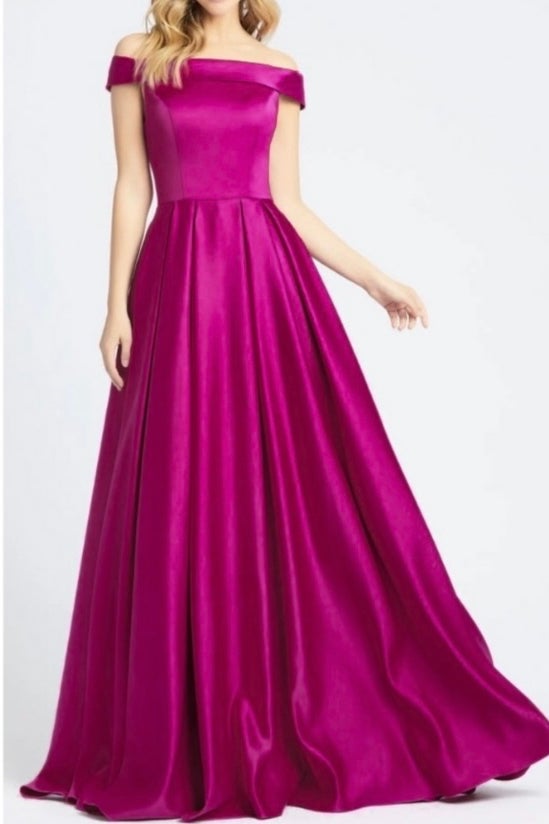 Ieena Mac Duggal Fuchsia Off The Shoulder Satin A-Line Gown