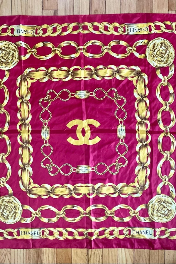 Stunning Authentic Vintage Chanel Chain Print Silk Scarf + Box - Great Gift