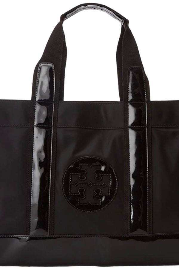 TORY BURCH ELLA PACKABLE TOTE BLACK/PURPLE FLORAL BAG– WEARHOUSE CONSIGNMENT