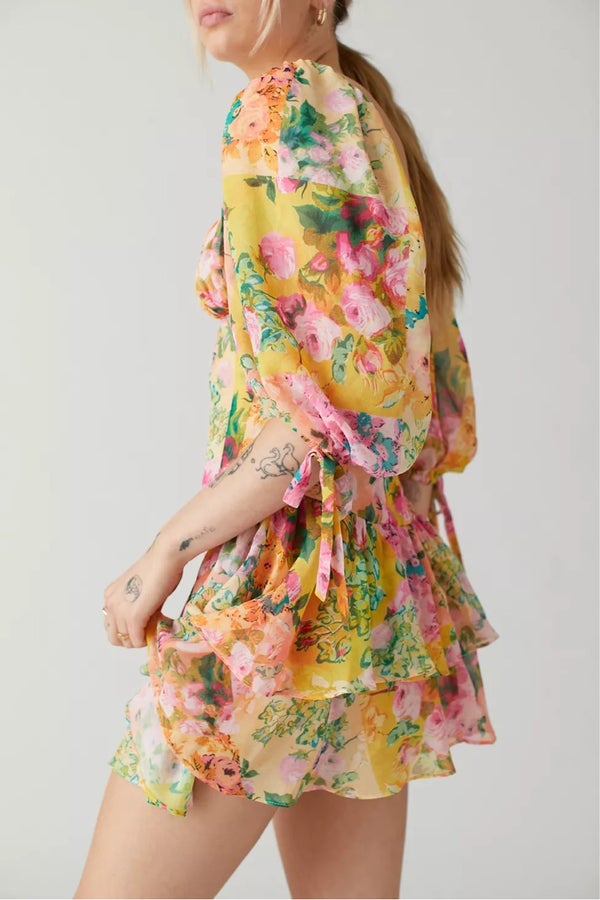 For Love & Lemons Nina Floral Dropped-Waist Mini Dress