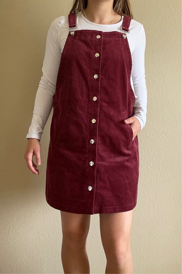 Vintage Burgundy Corduroy Overalls Dress