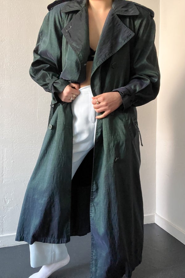 90s Iridescent Green Belted Trench Coat