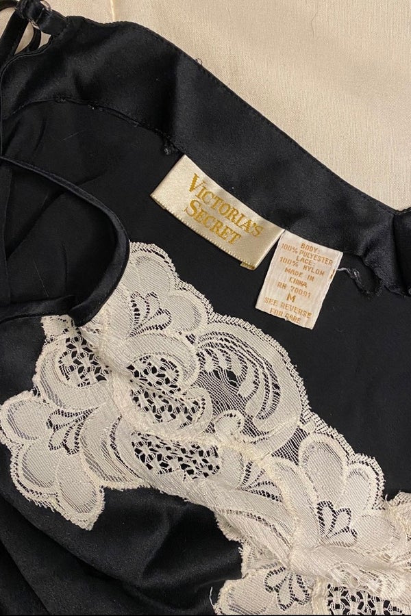 Victoria's Secret S Black Satin Cami Slip Dress Nightie Lace Gold Label  Sexy J28