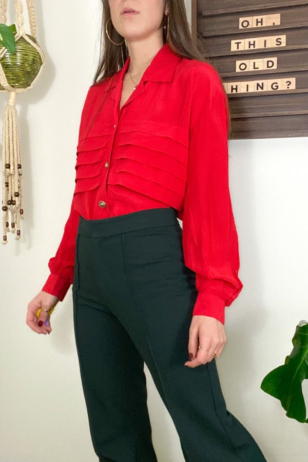 90s Vintage Red 100% Silk Pleated Blouse