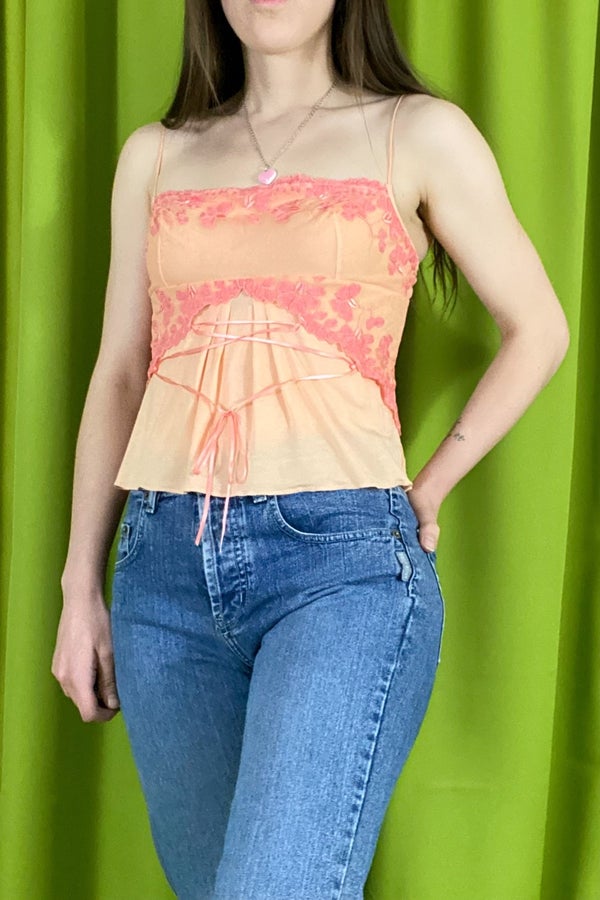 Y2K Vintage Orange and Hot Pink Lace Cropped VS Fa | Nuuly Thrift