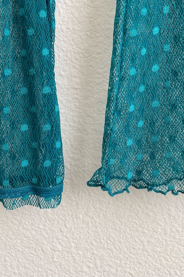 FREE PEOPLE Y2K Teal Green Sheer Mesh Lace Polka D