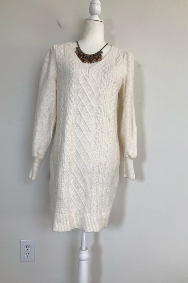 Loft V-neck Puff Sleeve Cable Knit Sweater Dress