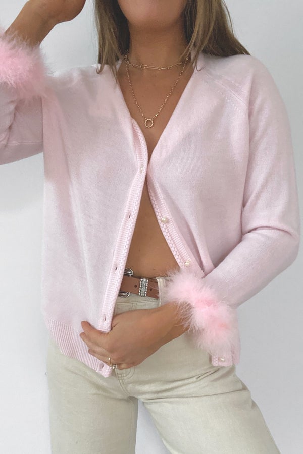 Pink Cardigan Reworked with Marabou Feather Cuffs