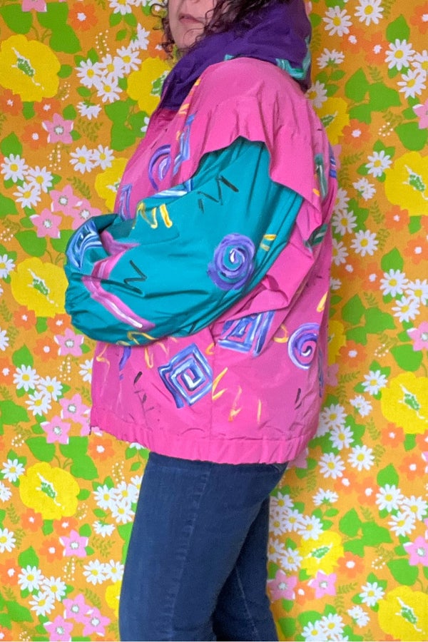 Vintage 80's Windbreaker Pink and Blue Pattern — Revive Thrift Boutique