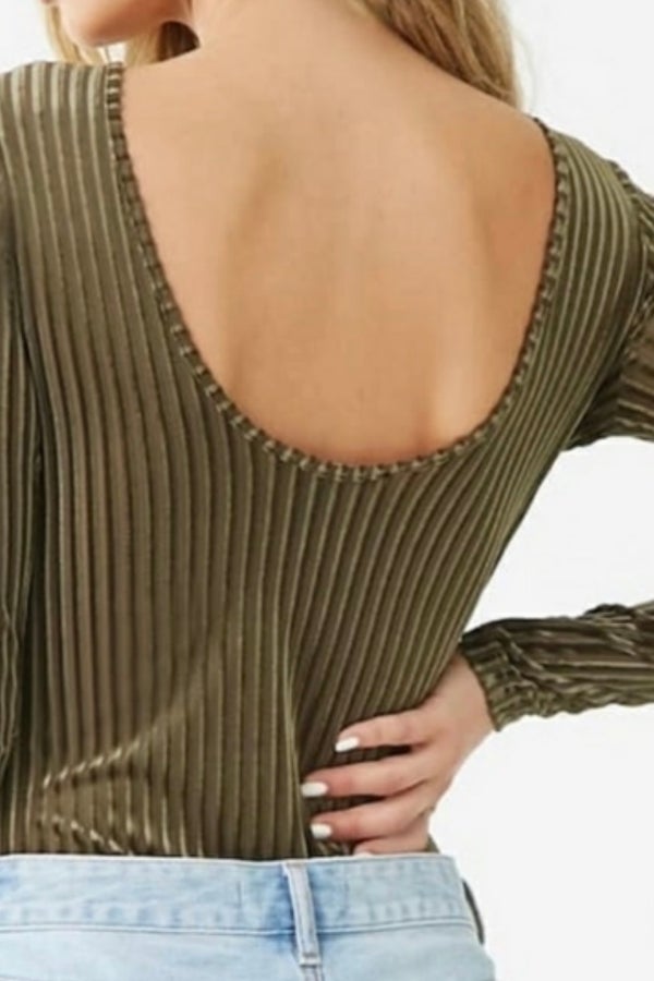 Save the Date Olive Green Velvet Striped Long Sleeve Bodysuit