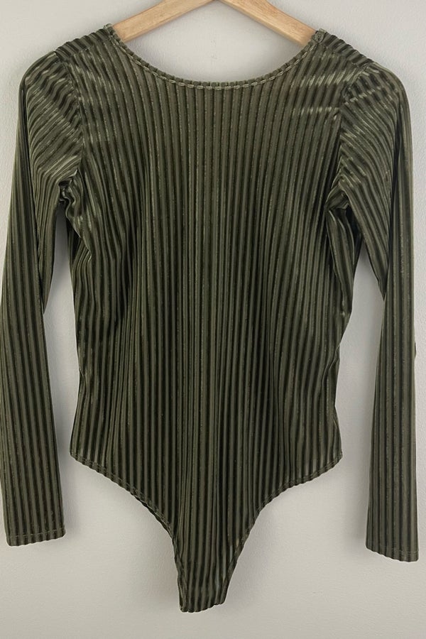 Save the Date Olive Green Velvet Striped Long Sleeve Bodysuit