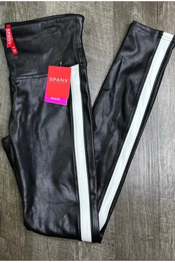 Spanx Faux Leather White Side Stripe Leggings Size XS NEW $110
