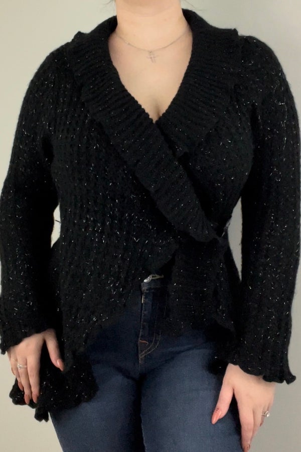 SAY WHAT? Vintage Y2K 2000 Black Crochet Knit Asymmetrical Hem Cardigan  Sweater