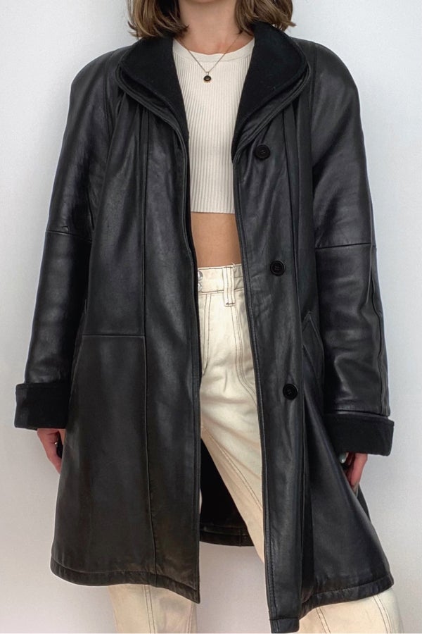 90s Vintage Oversized Leather Coat Black | Nuuly Thrift