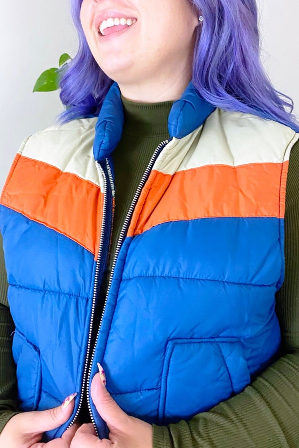 70s Vintage Blue Orange and White Colorblocked Puffy Vest