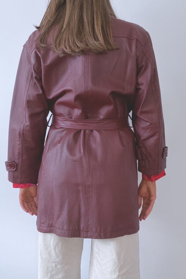 Vintage Wine Red Leather Trench Coat