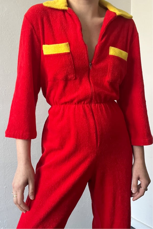 1970s Red & Yellow Terry Cloth Zip Jumpsuit | Nuuly Thrift