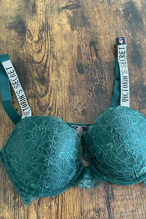 Victoria's Secret Very Sexy Push Up Bra for Women Forest Green Bling  Rhinestone Straps 34DDD New 