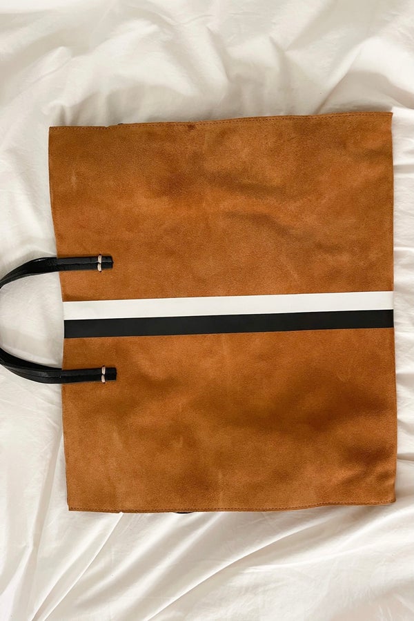 Simple Tote Camel Suede with Black & White Stripes