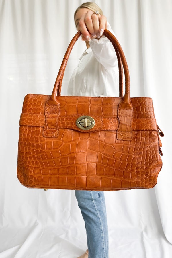 Vintage MULBERRY Bag Crocodile Embossed Leather Bag Dark 