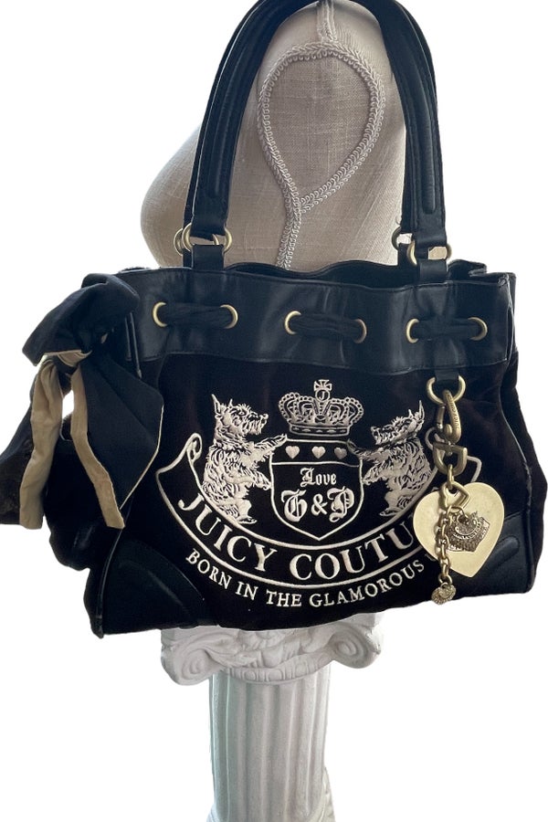 Vintage Early 2000s Juicy Couture Black Velour Shoulder Bag w