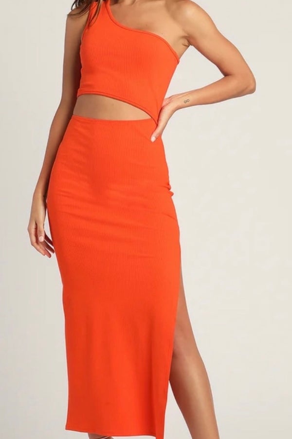 Red Midi Dress - Ribbed One-Shoulder Dress - Cutout Dress - Lulus