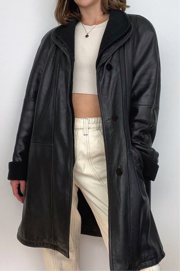 90s Vintage Black Leather Jacket Quilted Size Medium Large 