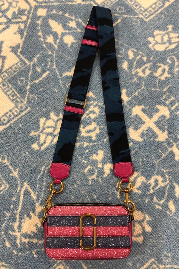 Marc Jacobs Snapshot Glitter Striped Crossbody Bag Strap Black Gold