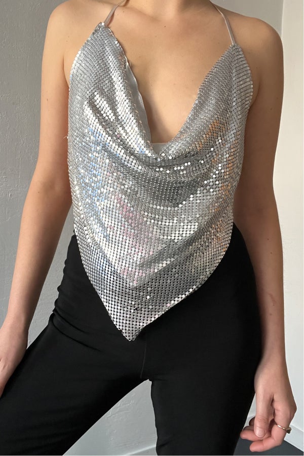 Y2k Silver Mesh Chain Mail Halter Top