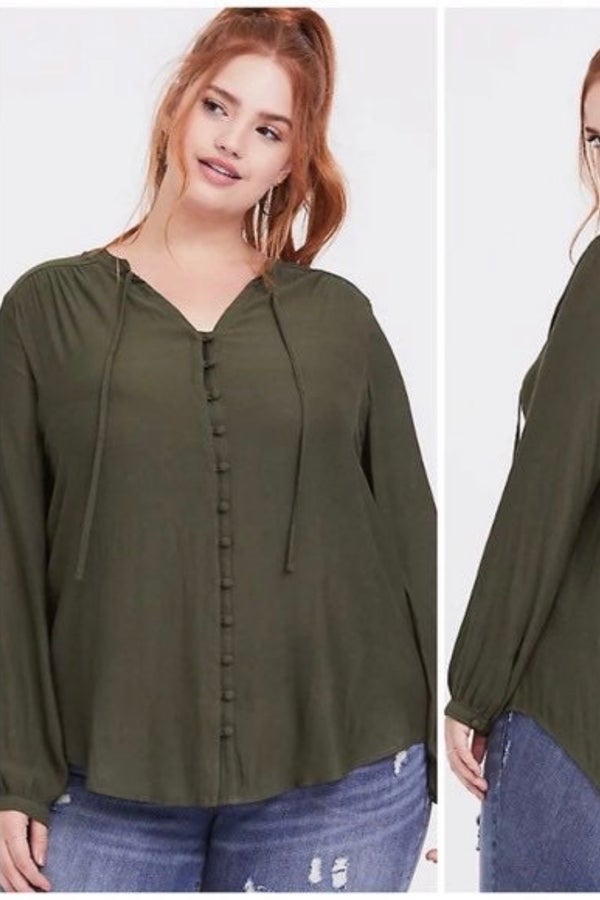 TORRID Olive Green Tie Neck Boho Button Down Blous Nuuly Thrift
