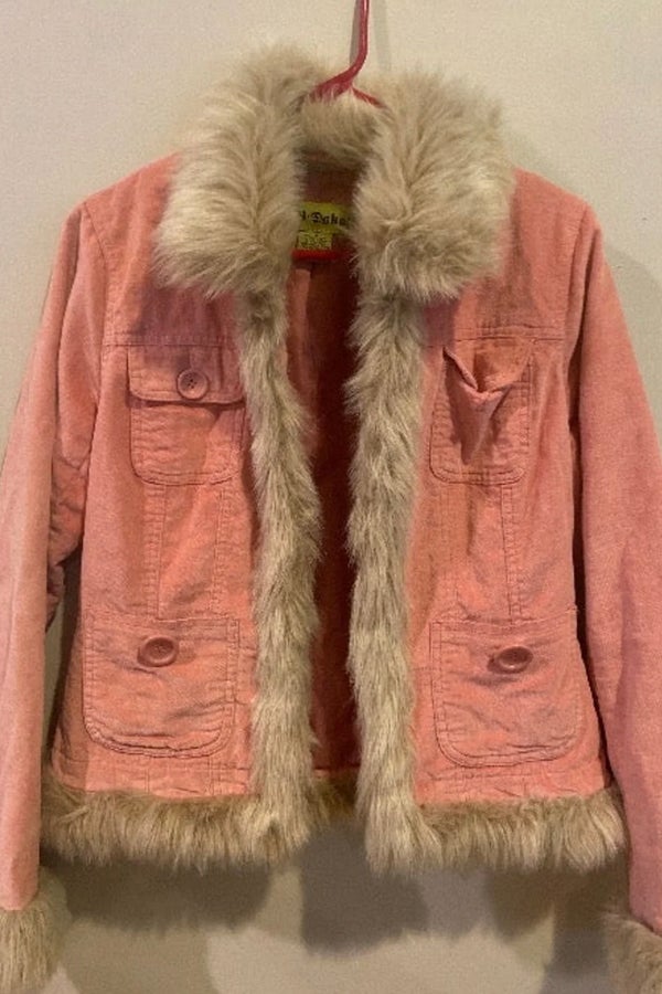 Women's Y2K Bratz Doll Pink Faux Fur Denim Button