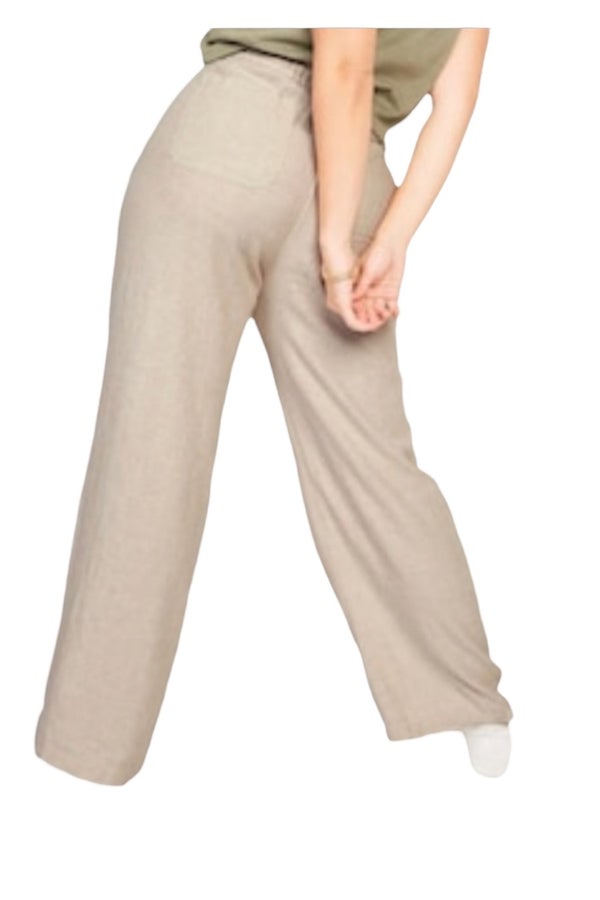 Cream Linen-blend Drawstring Wide Leg Trousers