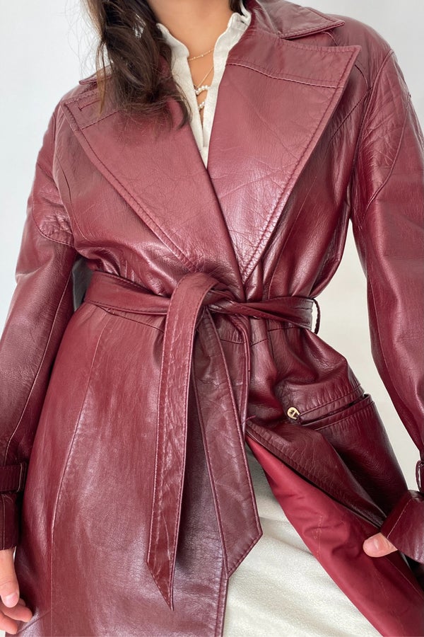 Vintage Wine Red Leather Trench Coat