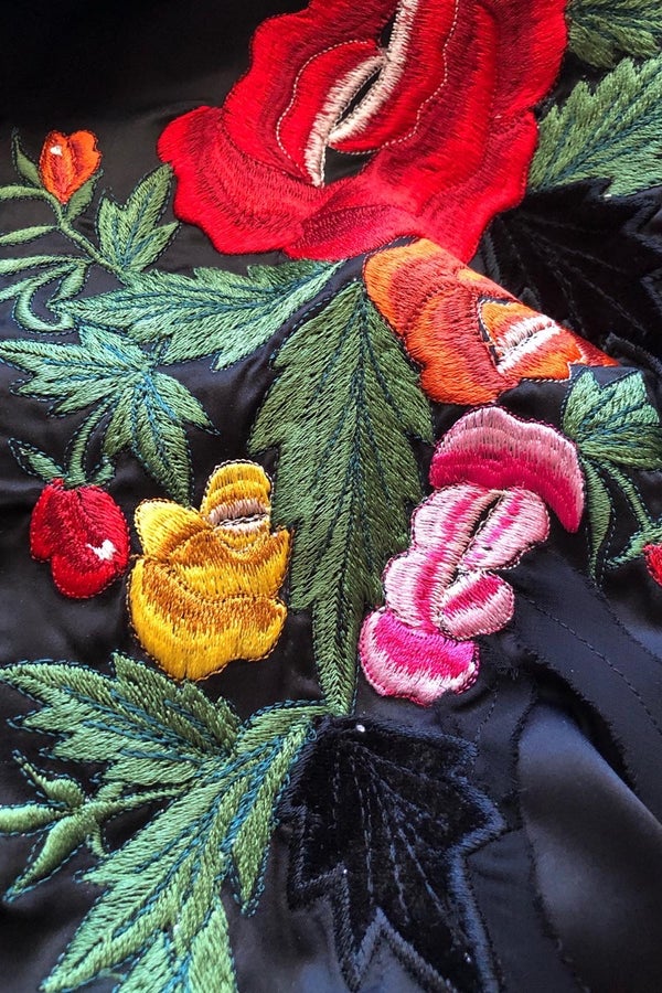 Embroidered Black Satin Duster Jacket