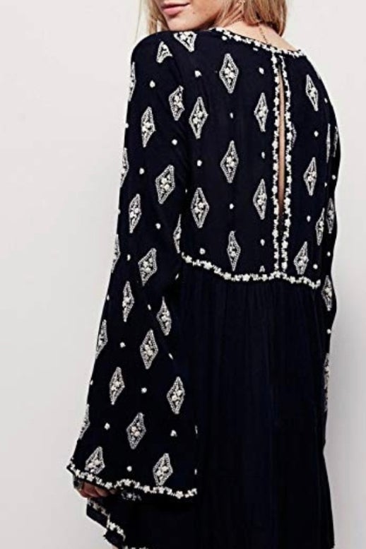 Free People Diamond Embroidered Black White Long Sleeve Top Tunic